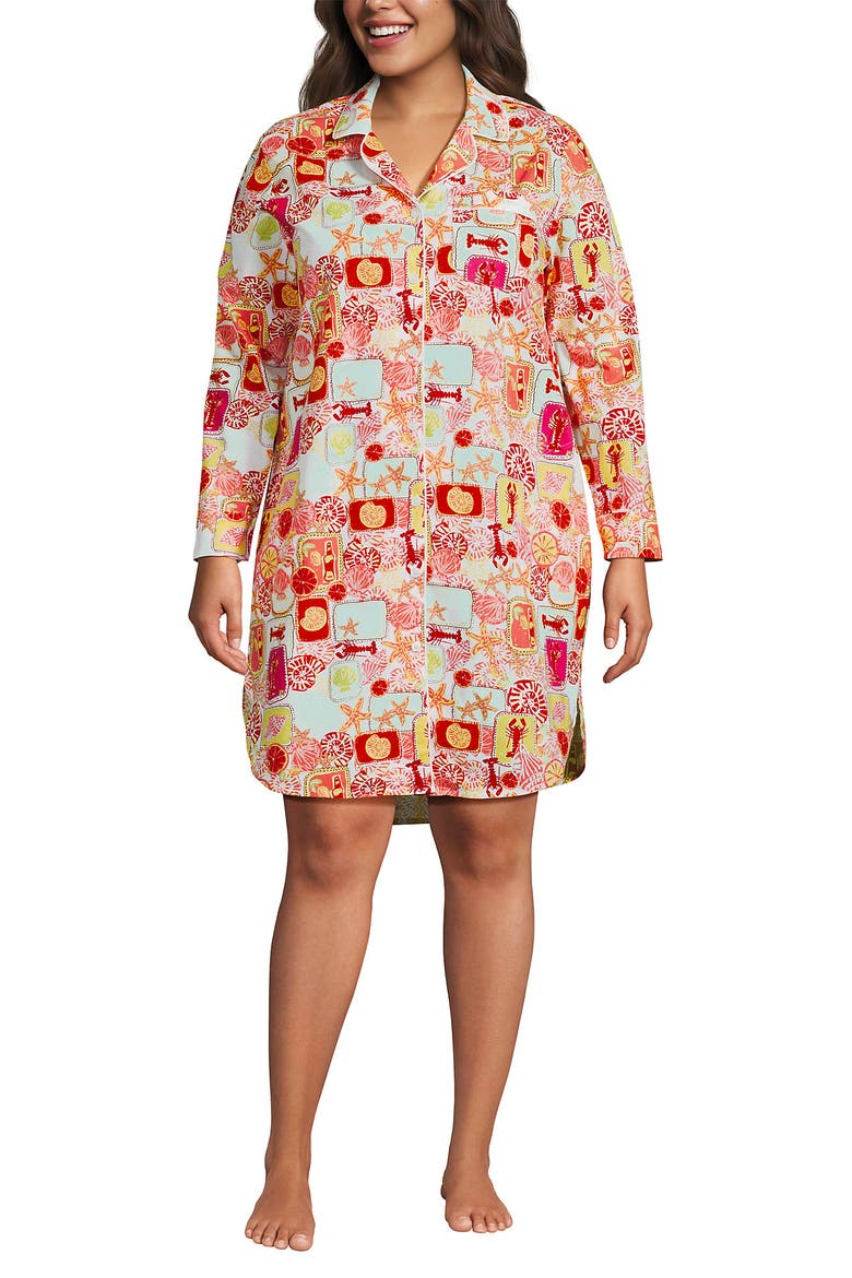 Cotton Poplin Long Sleeve Sleepshirt Nightgown, Alternate, color, Tropical Stamp/White