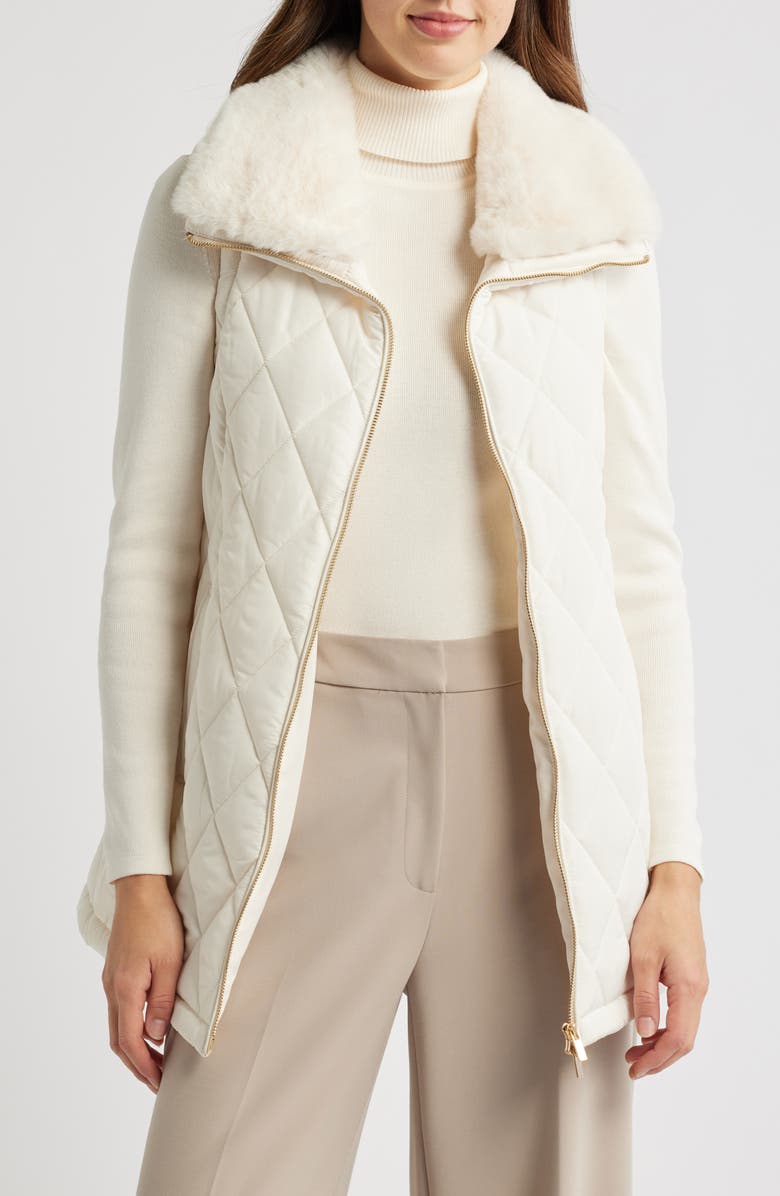 Anne Klein Belted Quilted Faux Fur Collar Vest, Alternate, color, 