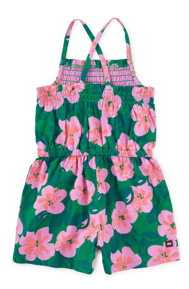Tea Collection Smocked Strappy Romper, Alternate, color, Bold Hibiscus