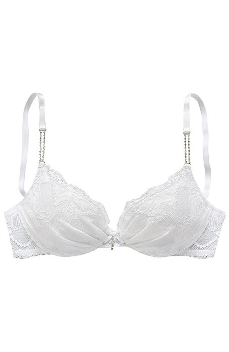 LASCANA Women's Rhinestone Lace Push Up Bra, Alternate, color, White