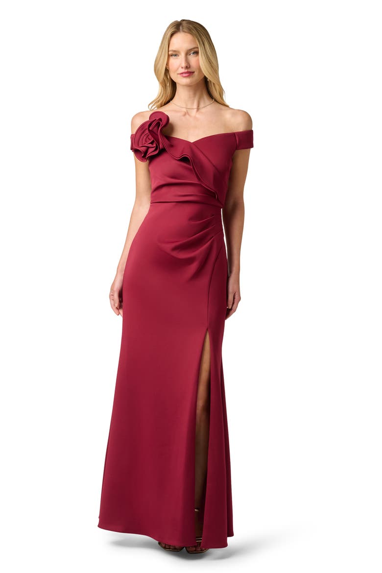Off the Shoulder Scuba Gown, Alternate, color, CRIMSON HAZE