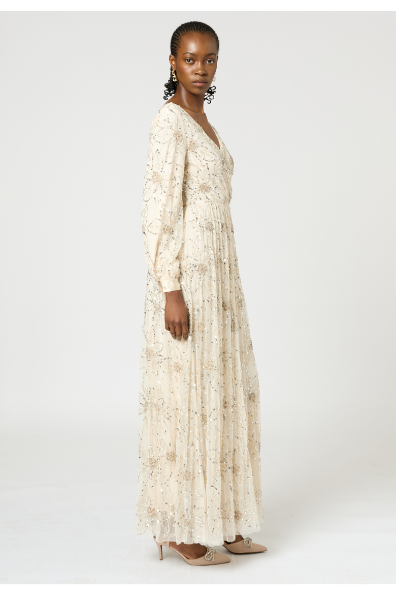 Embellished Sequin Beaded Maxi Dress with cuff sleeves, Alternate, color, CREAM