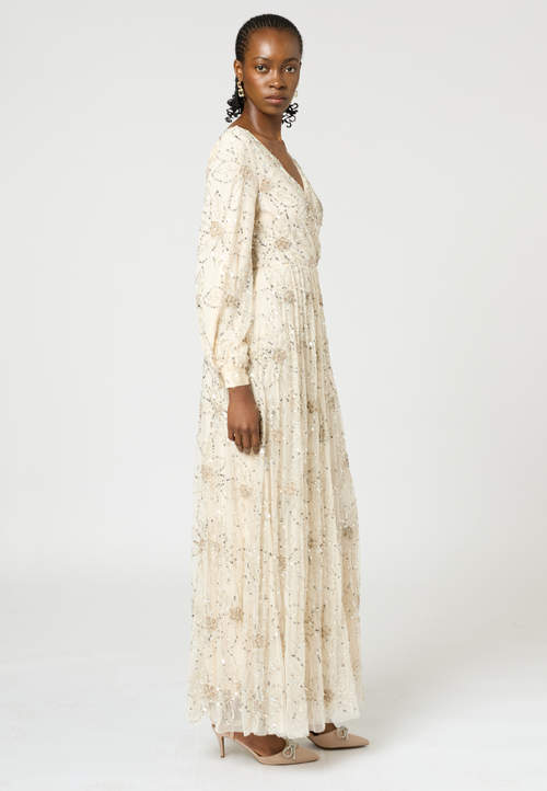 Beauut Embellished Sequin Beaded Maxi Dress With Cuff Sleeves In Neutral