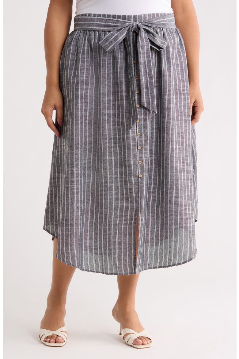 Stripe Tie Waist Linen Blend Midi Skirt, Main, color, BLACK