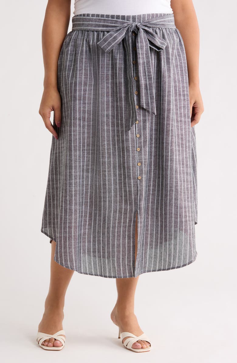 Renee C Stripe Tie Waist Linen Blend Midi Skirt, Main, color, Black