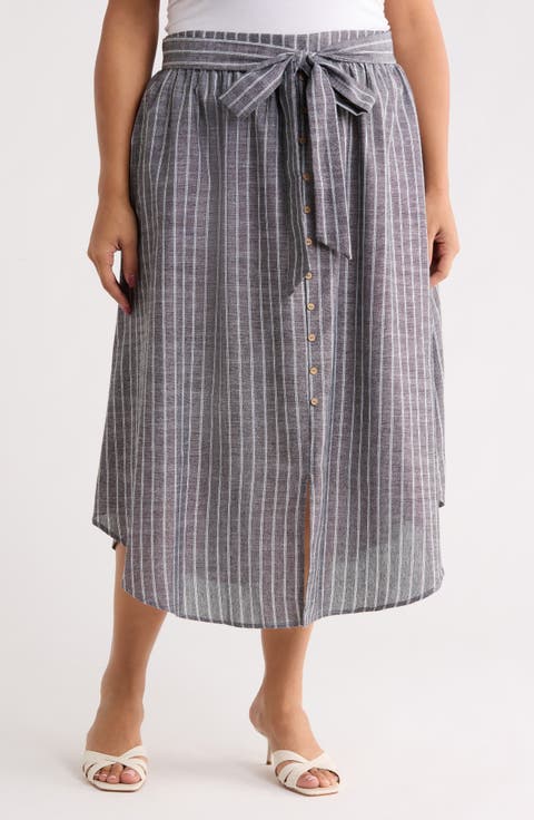 Stripe Tie Waist Linen Blend Midi Skirt (Plus)