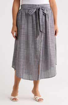 Renee C Stripe Tie Waist Linen Blend Midi Skirt