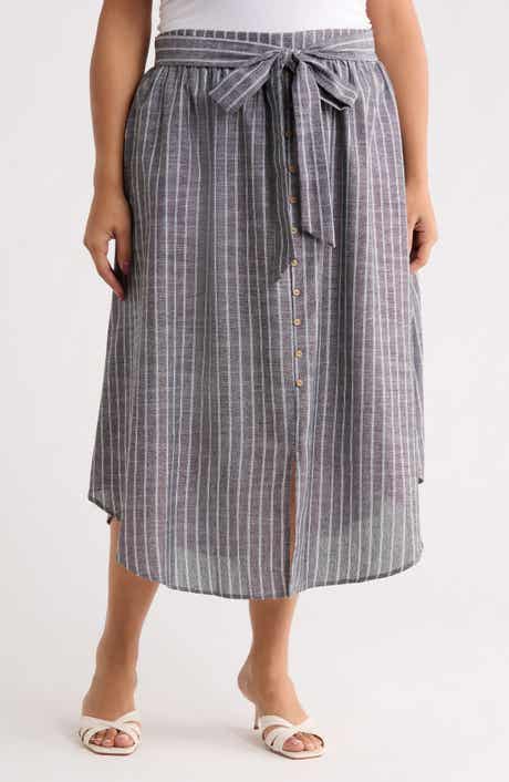 Renee C Stripe Tie Waist Linen Blend Midi Skirt