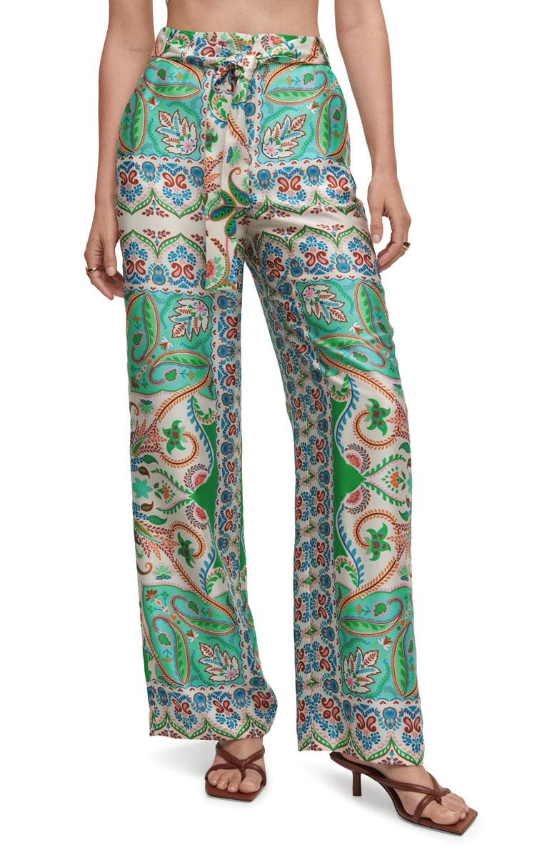 MANGO Paisley Wide Leg Satin Pants, Main, color, Off White