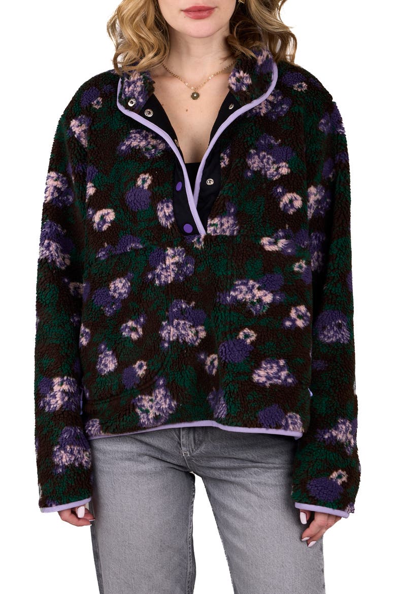 Floral Faux Shearling Pullover, Main, color, BLACK
