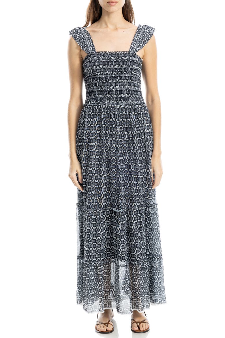 Floral Ruffle Strap Smocked Tiered Chiffon Maxi Dress, Main, color, CREAM/ BLACK SMALL POPPY