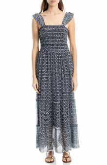 MAX STUDIO Floral Ruffle Strap Smocked Tiered Chiffon Maxi Dress
