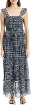 MAX STUDIO Floral Ruffle Strap Smocked Tiered Chiffon Maxi Dress