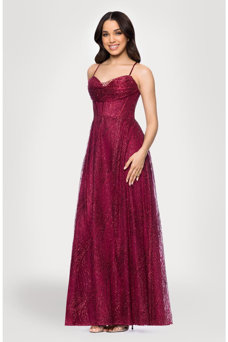 Glitter Drape Lace-Up Gown, Alternate, color, WINE