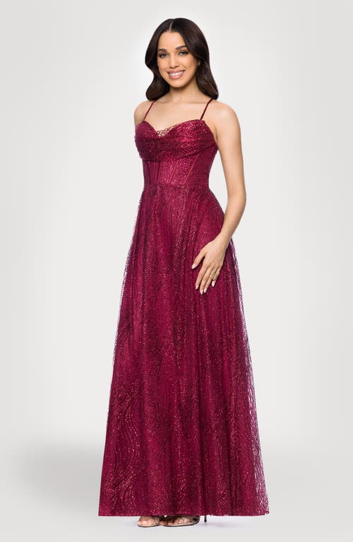 Blondie Nites Glitter Drape Lace-up Gown In Burgundy