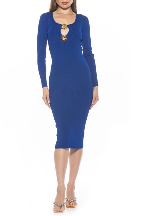 Tia Metal Rosette Long Sleeve Knit Dress