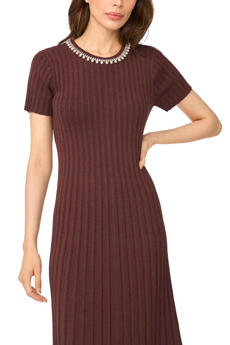 Pearly Neckline Ribbed Sweater Dress, Alternate, color, DEEP MAHOGANY