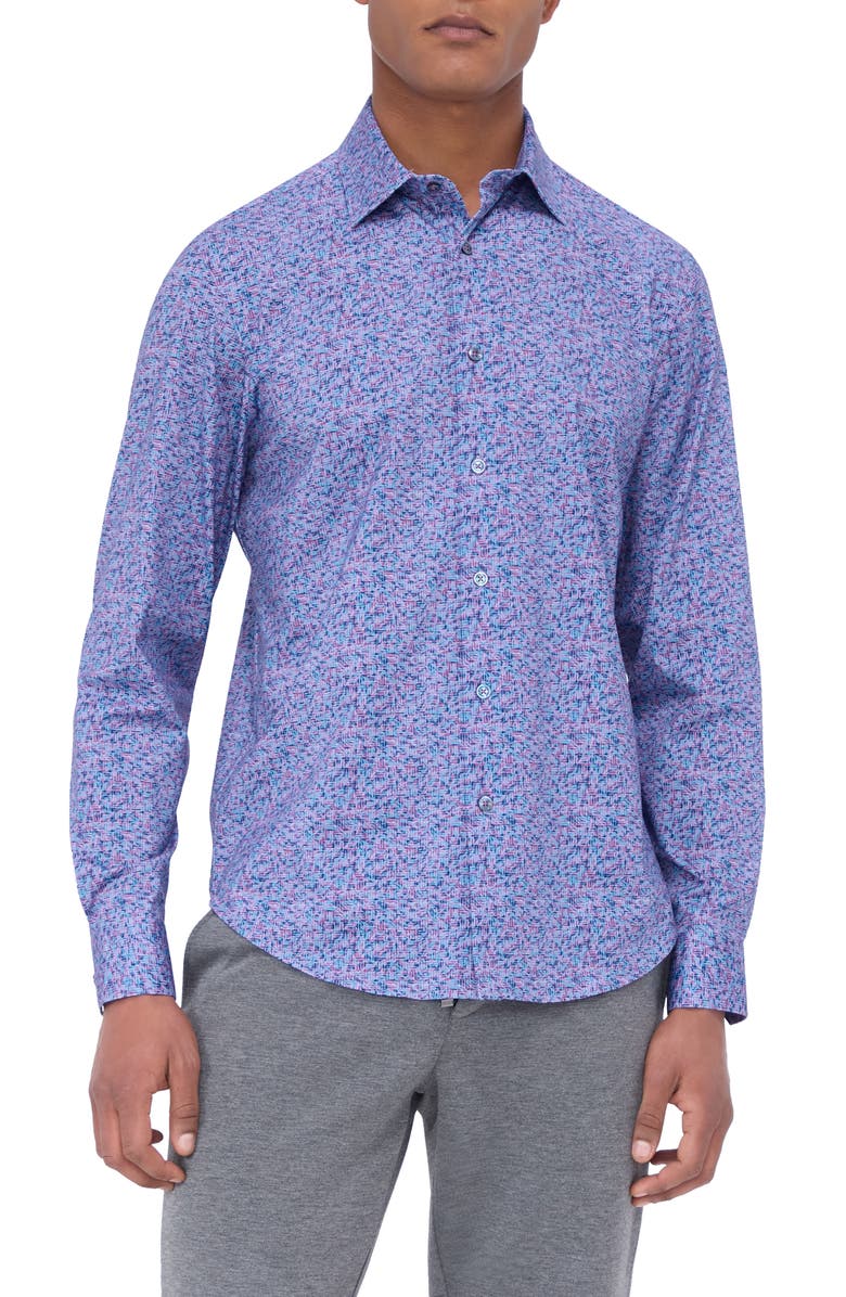 Bugatchi James OoohCotton<sup>®</sup> Leaf Print Button-Up Shirt, Main, color, Plum