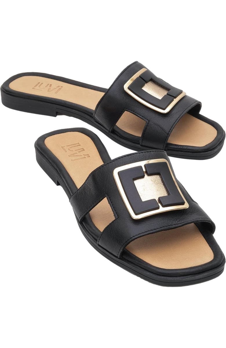 Forever & Always Shoes MILLIE Leather Buckle Slide, Alternate, color, Black Leather