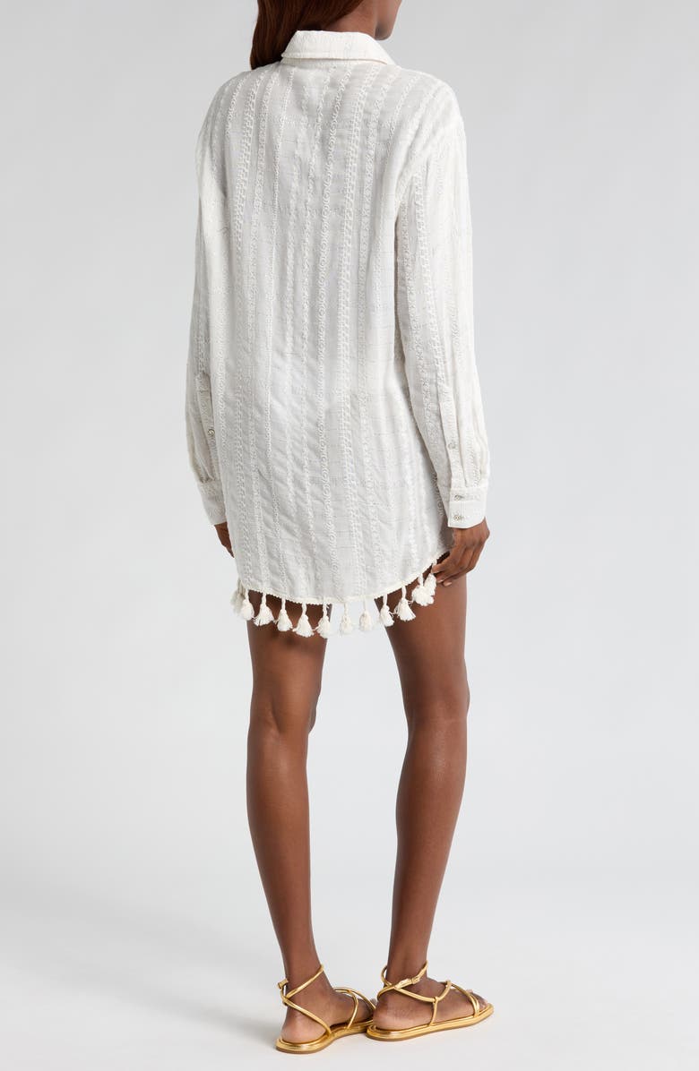 Ramy Brook Roman Metallic Tassel Trim Long Sleeve Semisheer Cover-Up Tunic, Alternate, color, 