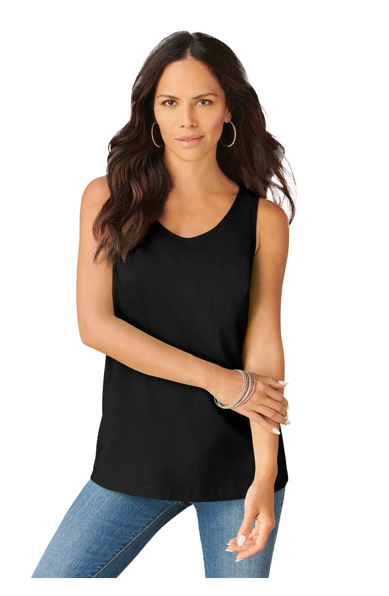 Roaman's Plus Size Cotton Scoopneck Tank Top, Main, color, Black