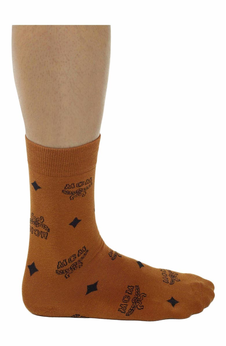 MCM Monogram Knit Socks, Alternate, color, Cognac