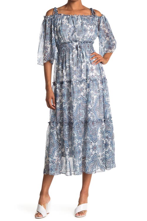 Taylor Dresses Paisley Print Off the Shoulder Dress in Ivory Robin Blue 