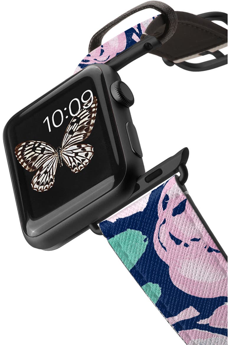 Pink Peonies Faux Leather Apple Watch® Watchband, Alternate, color, PINK/ BLACK