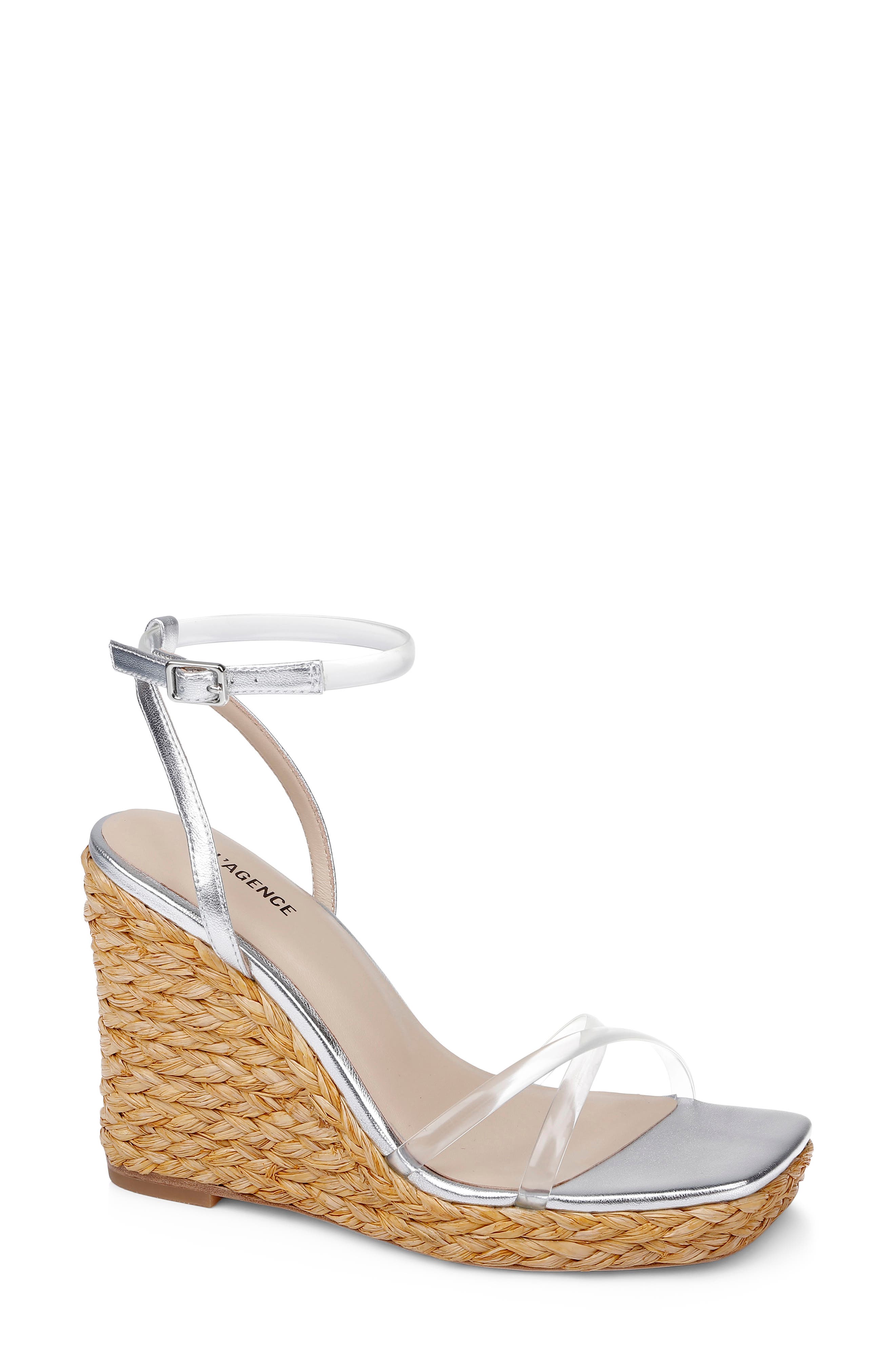 L'AGENCE Malone Espadrille Ankle Strap Platform Wedge Sandal, Main, color, Silver