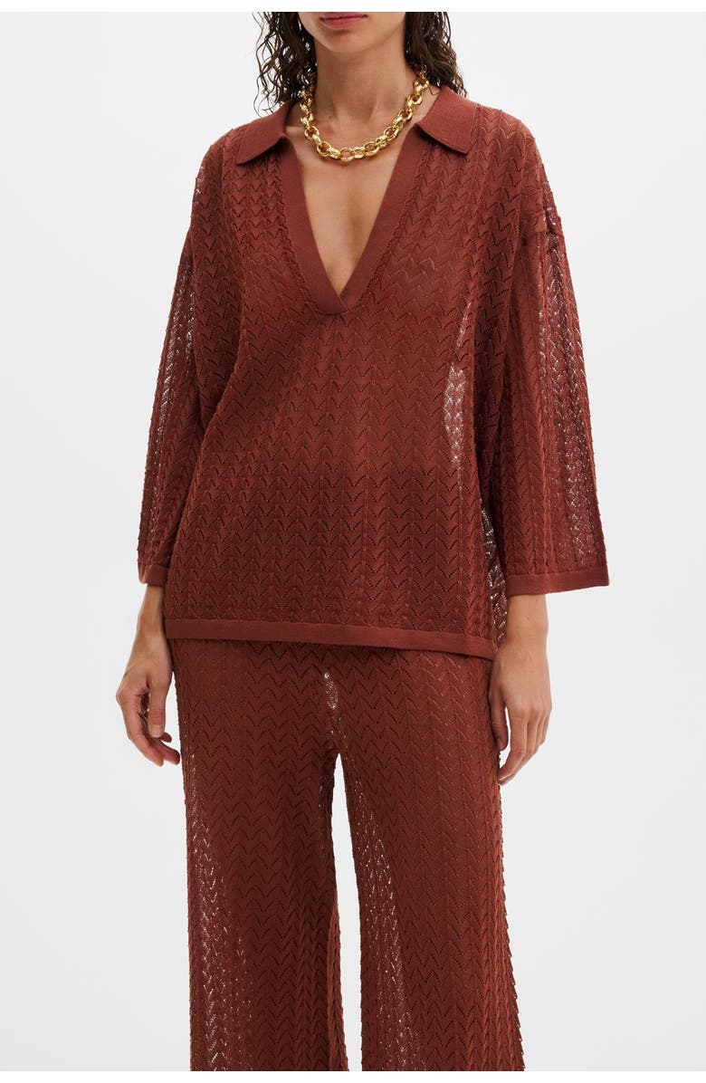 Malina Imene Pointelle Knitted Collared Top, Alternate, color, Rust