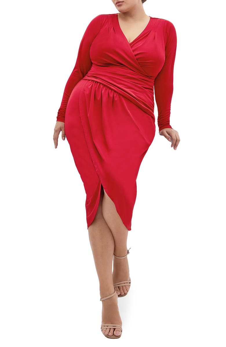 City Chic Marissa Ruched Long Sleeve Midi Dress, Main, color, Cherry