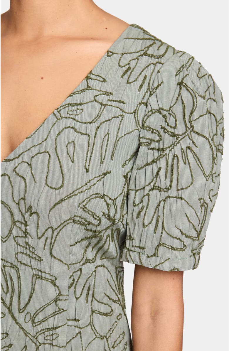 Santorelli Bianca A-Line Shift Dress with Puff Sleeves in Abstract Stretch Cotton Cloque, Alternate, color, Aloe
