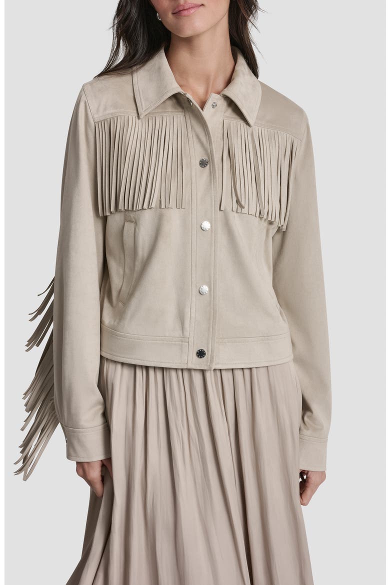 Fringe Trim Faux Suede Jacket, Main, color, PEBBLE