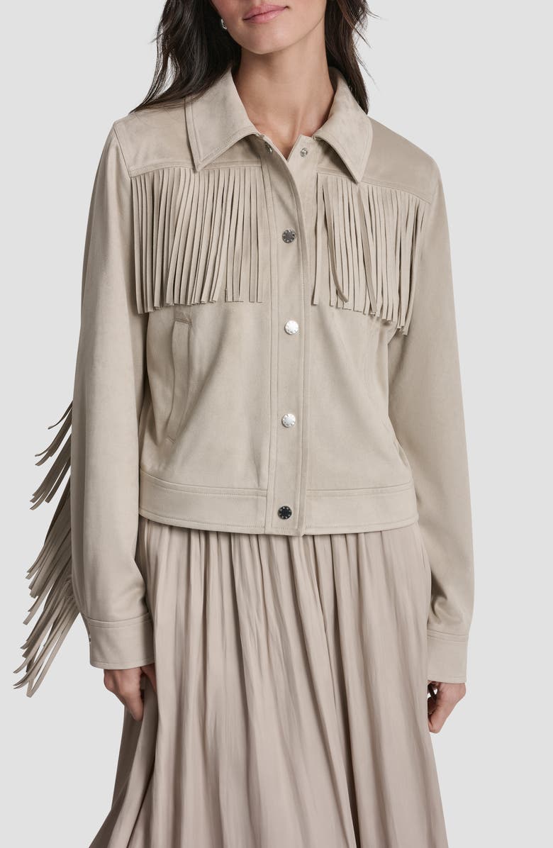 DKNY Fringe Trim Faux Suede Jacket, Main, color, Pebble
