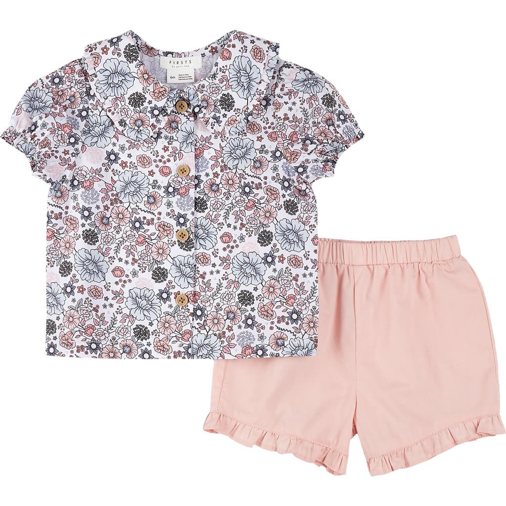 FIRSTS BY PETIT LEM FIRSTS BY PETIT LEM RETRO FLOWERS ORGANIC COTTON TOP & RUFFLE SHORTS SET