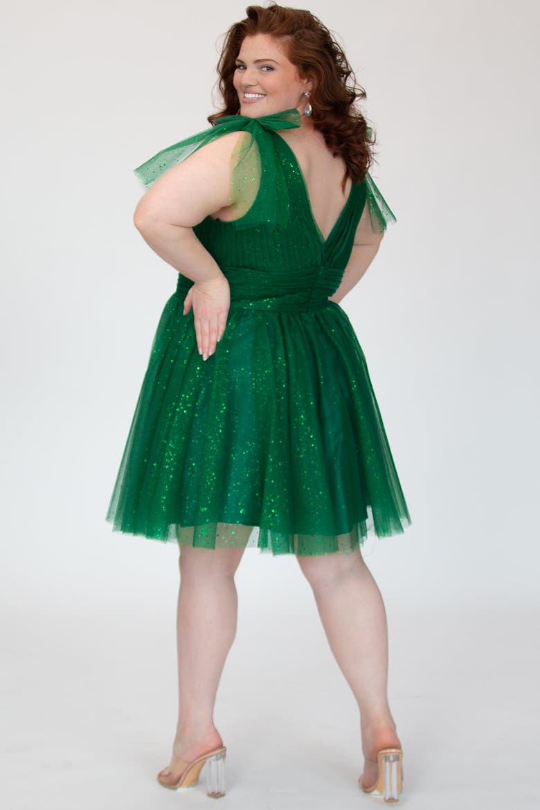 Sparkle Tulle Curvy Cocktail Party Dress with Bows, Alternate, color, Shamrock
