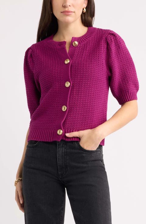 Puff Sleeve Textured Cotton Cardigan
