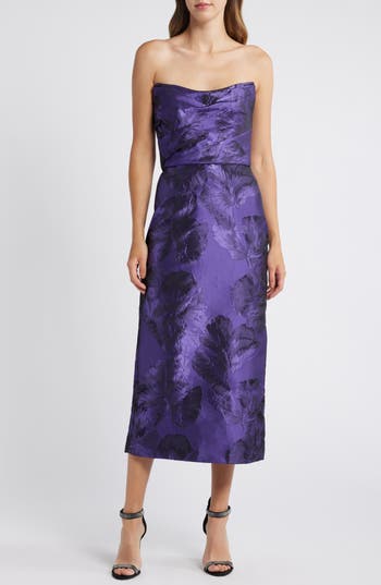 Amsale Floral Jacquard Strapless Column Gown