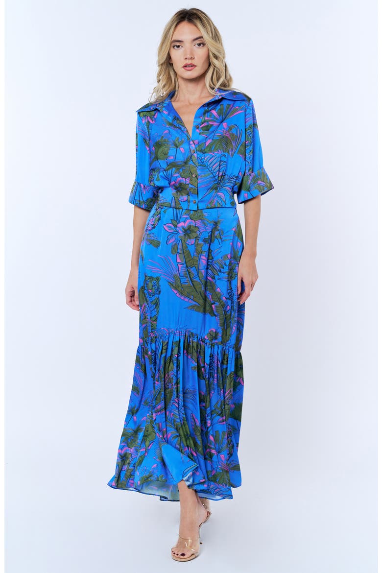 Aurelia Palm Print Elbow Sleeve Button-Up Shirt, Alternate, color, BLUE MULTI