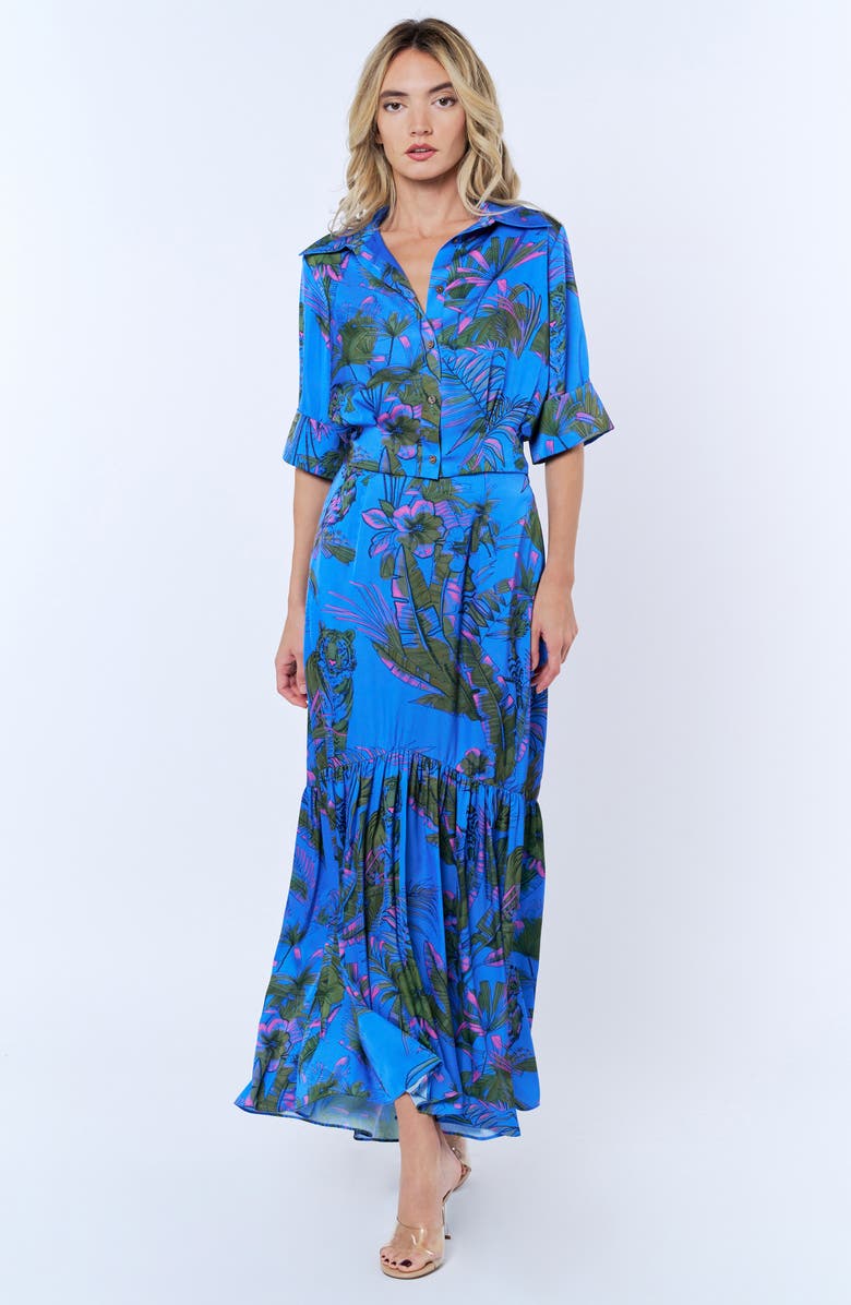 CIEBON Aurelia Palm Print Elbow Sleeve Button-Up Shirt, Alternate, color, Blue Multi