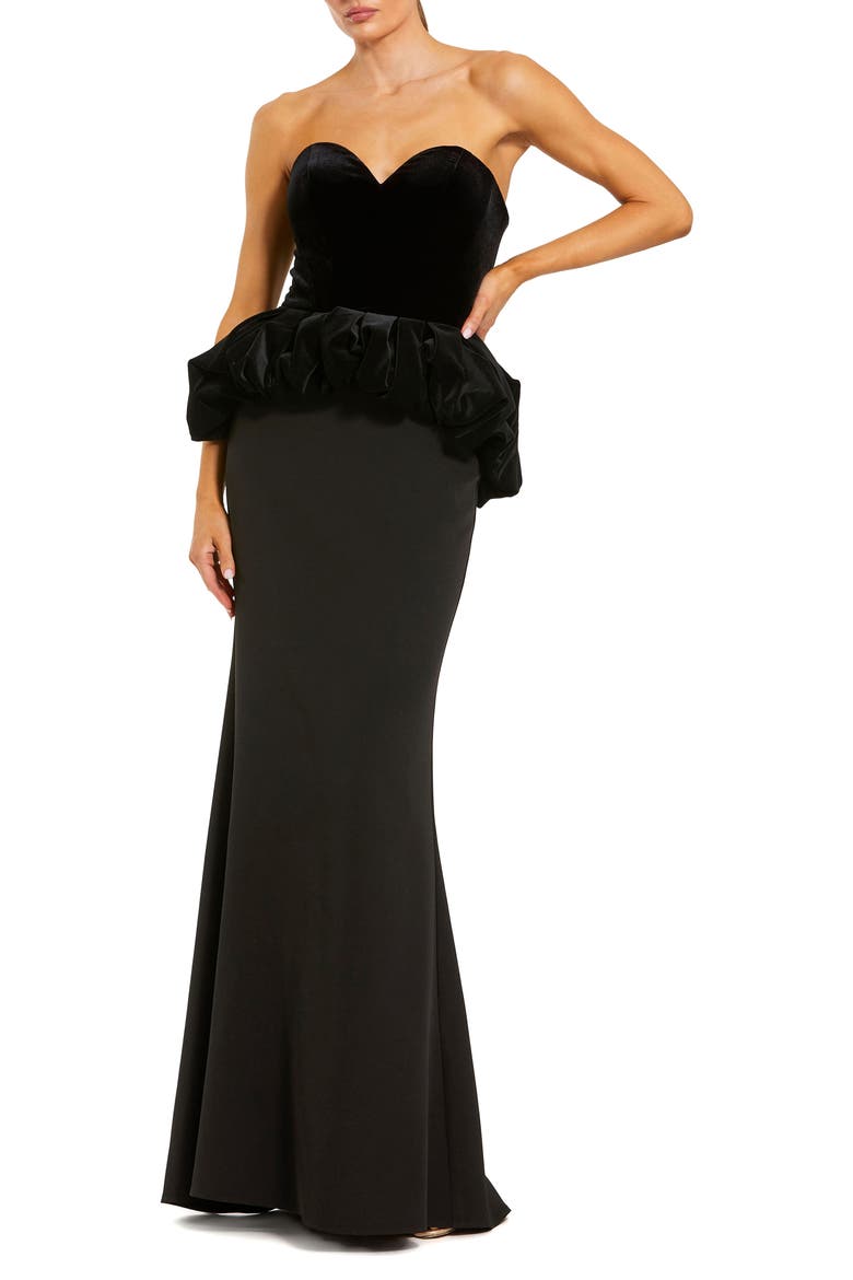 Strapless Velvet Peplum Top With Crepe Skirt Gown, Main, color, Black