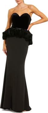 Mac Duggal Strapless Velvet Peplum Top With Crepe Skirt Gown
