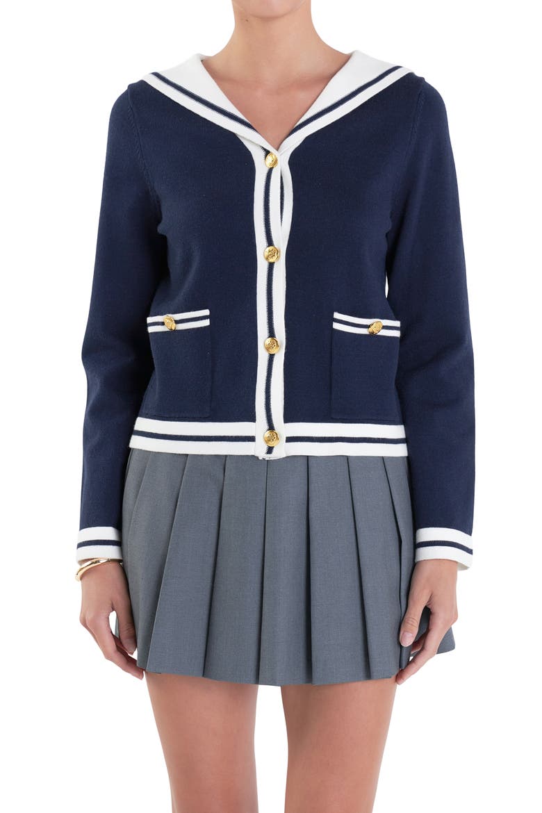 Contrast Collar Sailor Cardigan, Alternate, color, NAVY/ WHITE
