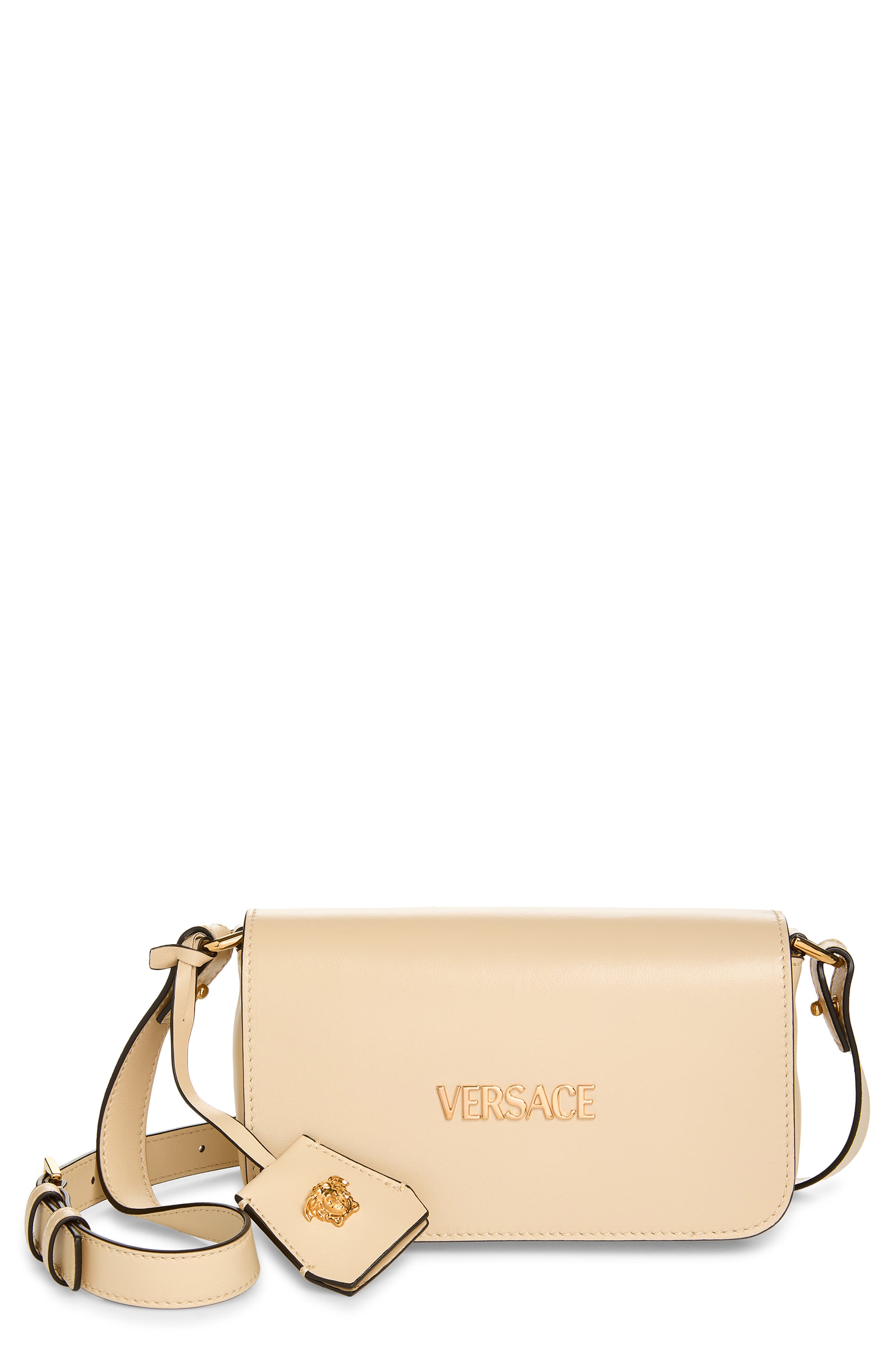 Versace Mini Tag Leather Shoulder Bag, Main, color, Cream-Versace Gold