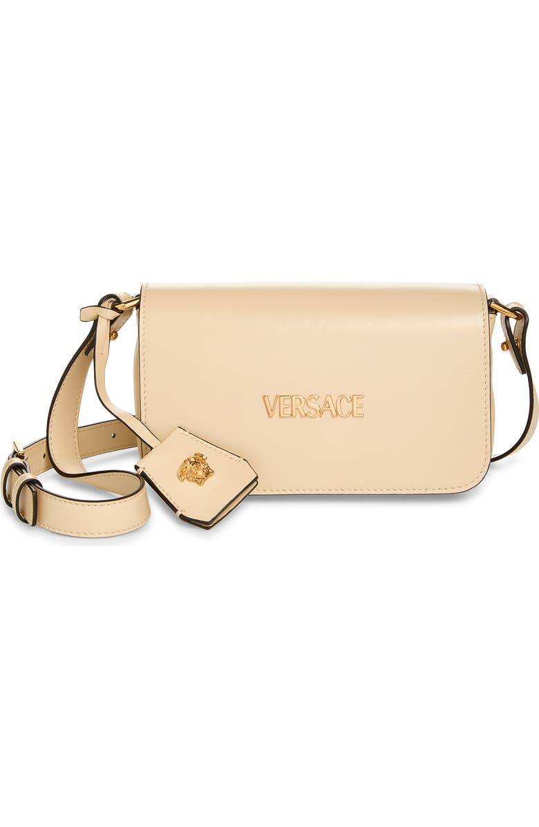 Versace Mini Tag Leather Shoulder Bag, Main, color, Cream-Versace Gold
