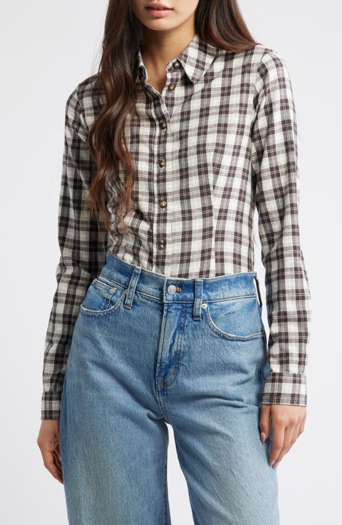 Steel Blue and Sand Plaid Long Sleeve Cotton Top