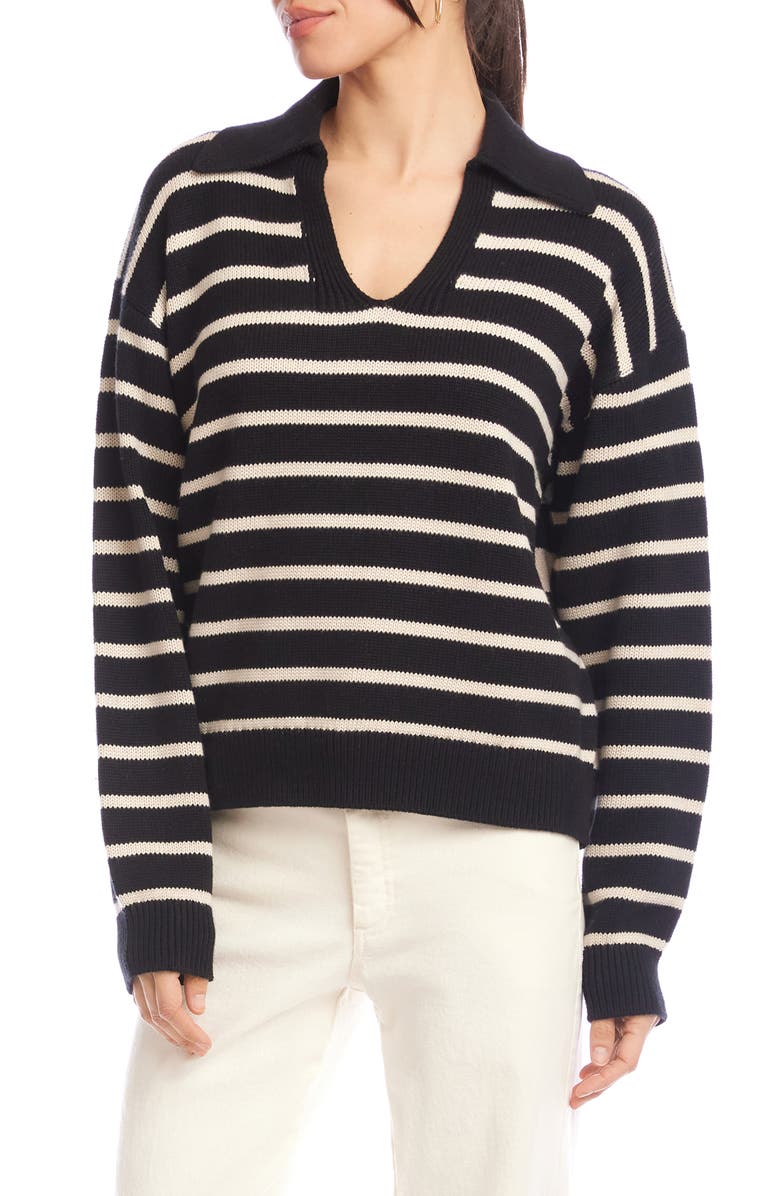 Karen Kane Stripe Polo Sweater, Alternate, color, Black Ecru