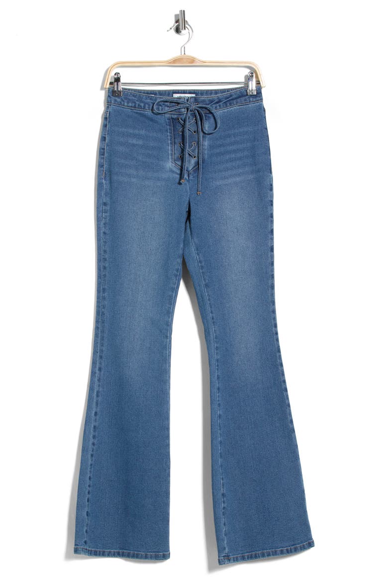 Lace Up High Waist Flare Jeans, Alternate, color, MED WASH
