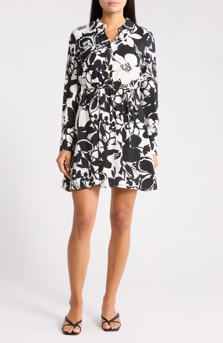 Sam Edelman Floral Long Sleeve Shirtdress, Main, color, Black/ White