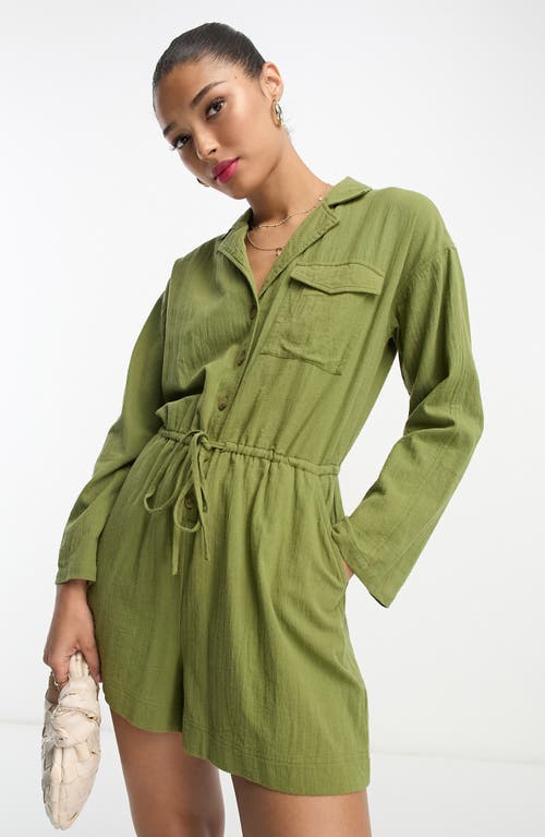 Asos Design Slouchy Linen Look Shirt Romper With Long Sleeve In Olive-green In Brown
